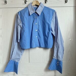 FAITHFULL THE BRAND Blue White Stripe Cropped Button Preppy Shirt Womens Size S
